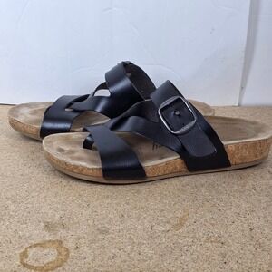 Fitory Womens Black Leather Comfort Cork Footbed Adjustable Strap Sandals Sz 8.5